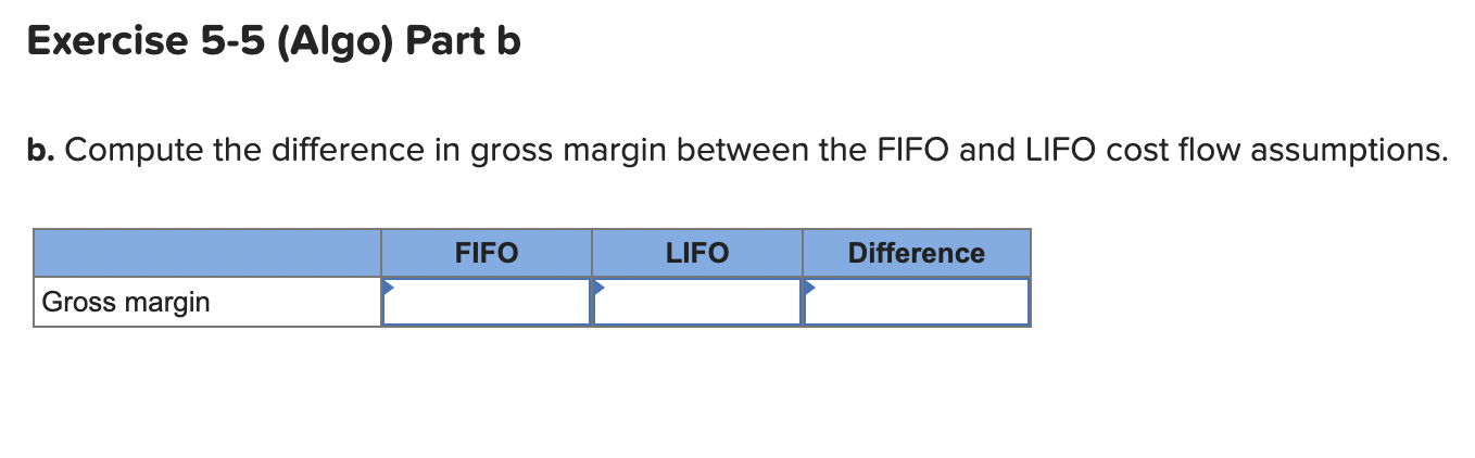 Exercise 5-5 (Algo) Part b b. Compute the difference in gross margin