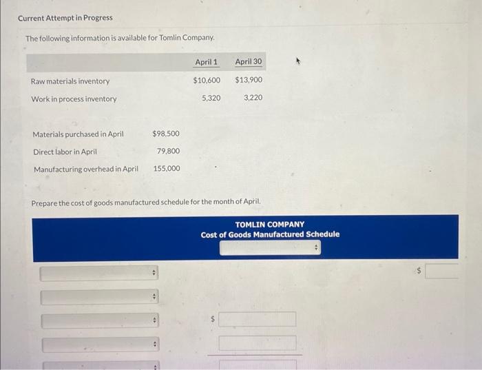 Current Attempt in Progress The following information is available for Tomlin Company.