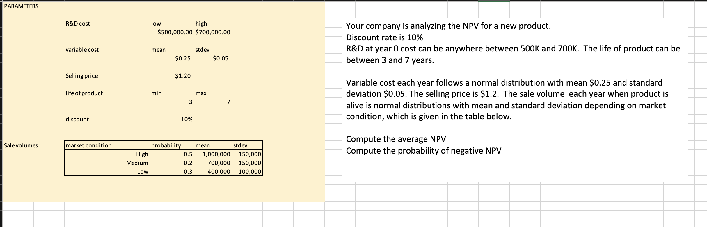 PARAMETERS R&D cost low high $500,000.00 $700,000.00 variable cost mean stdev $0.25