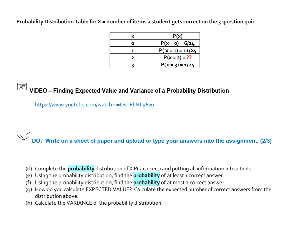 Probability Distribution Table for X = number of items a student gets