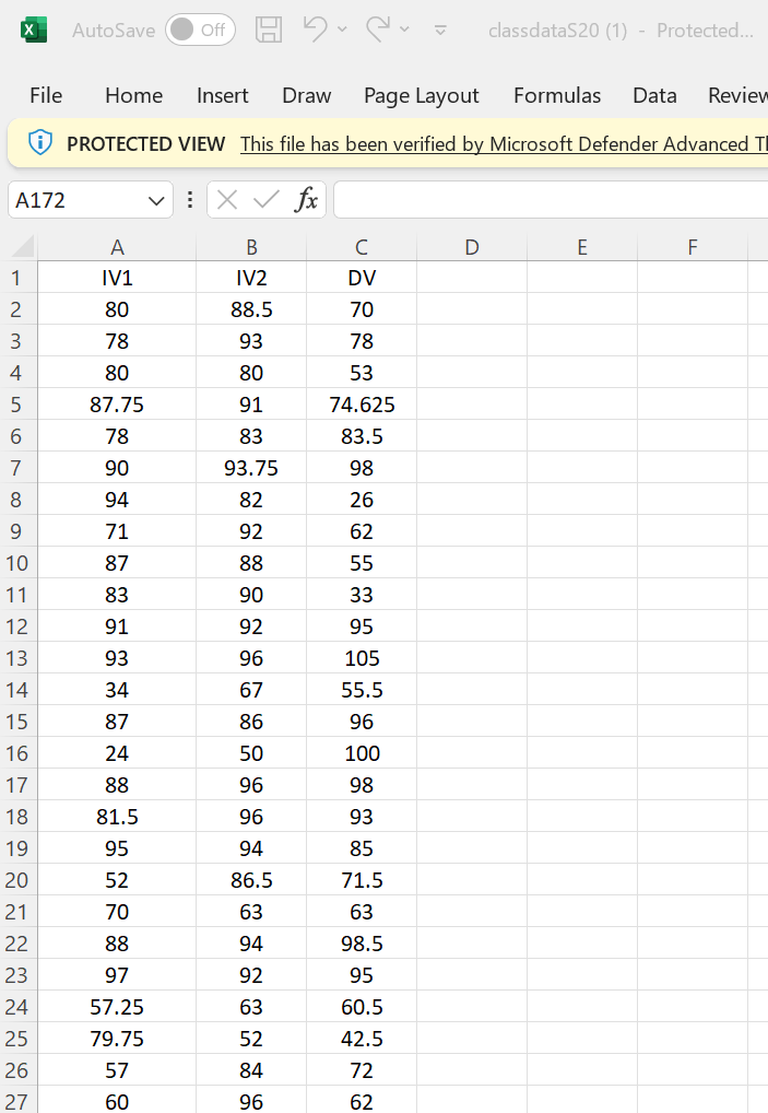 X AutoSave Off classdataS20 (1) - Protected... File Home Insert Draw Page