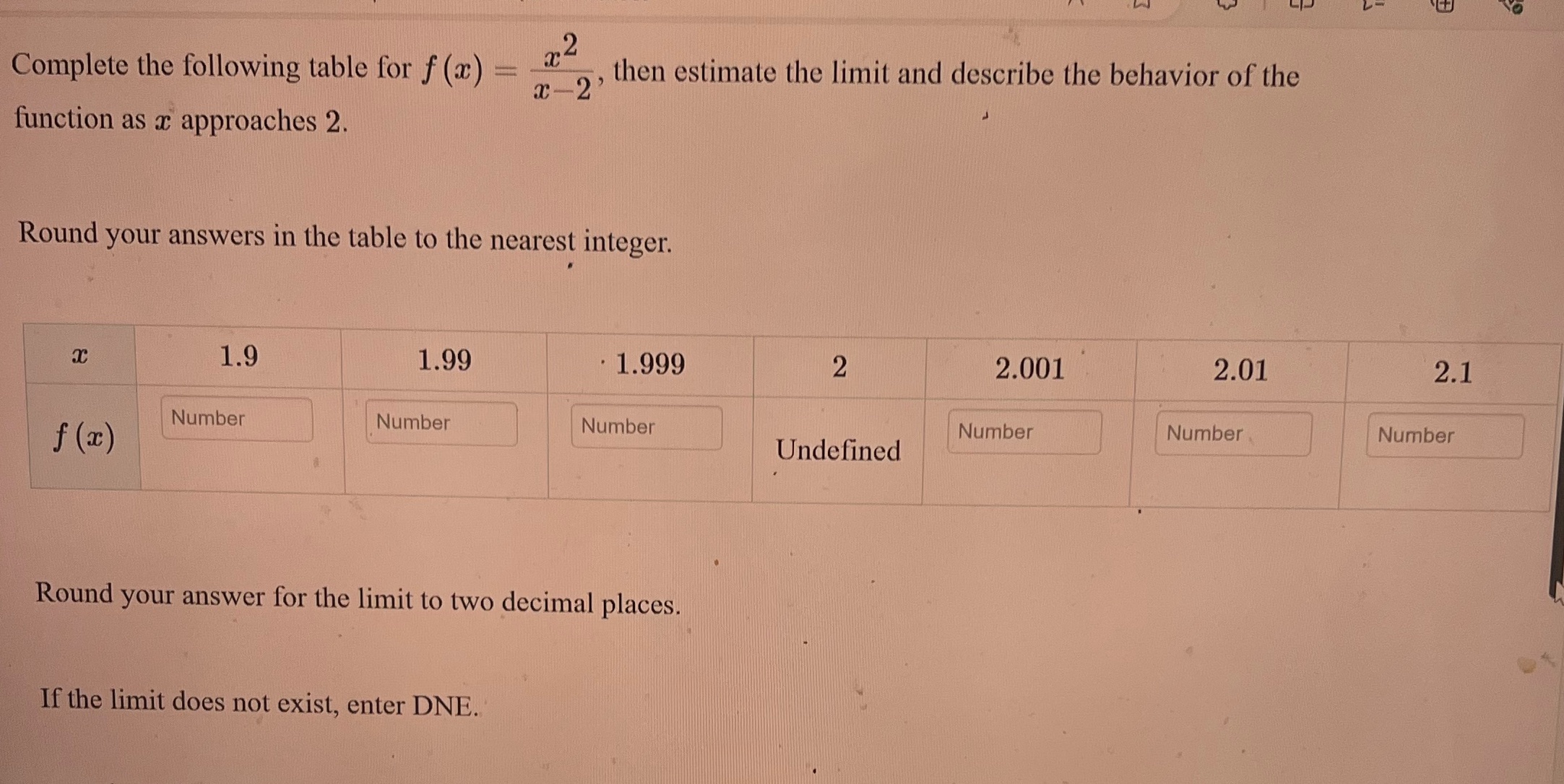 Complete the following table for f(x) function as a approaches 2. x2