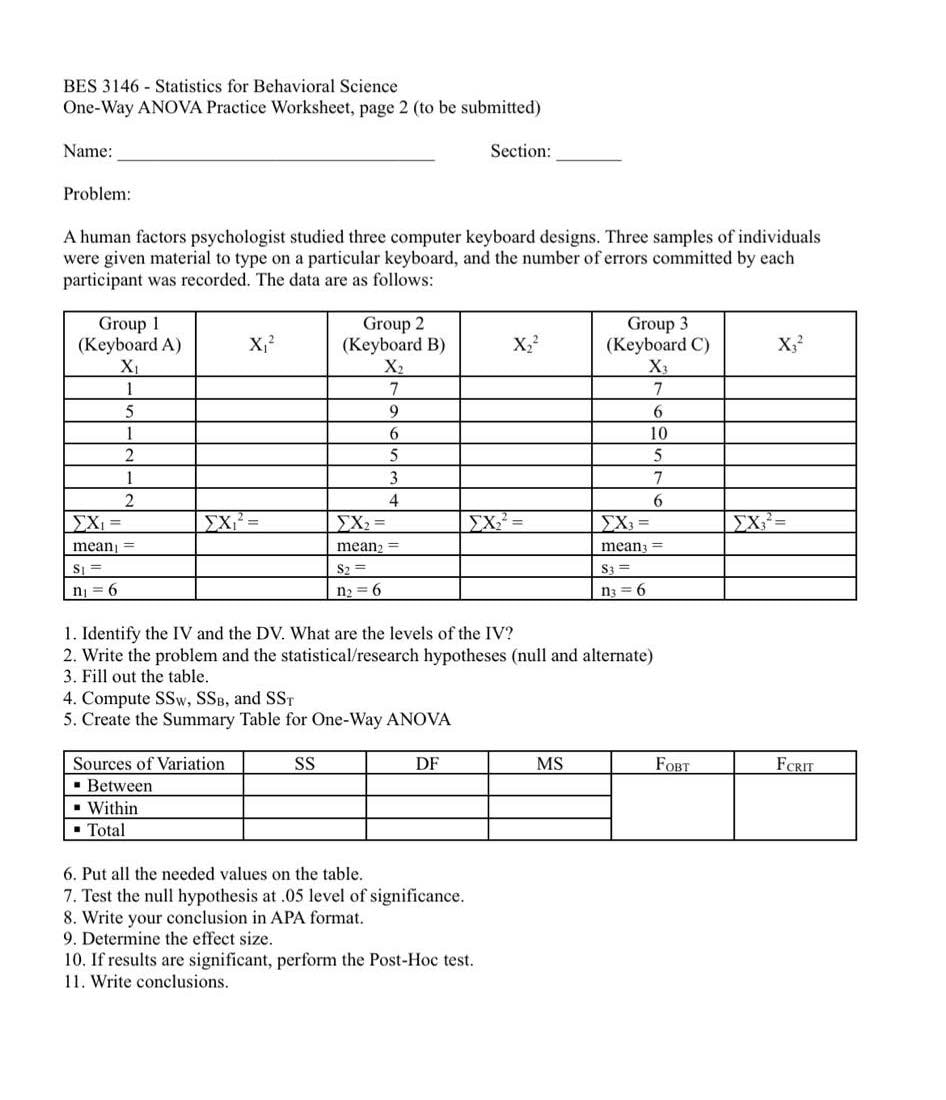 BES 3146 Statistics for Behavioral Science One-Way ANOVA Practice Worksheet, page 2