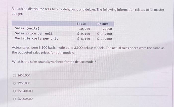 A machine distributor sells two models, basic and deluxe. The following information