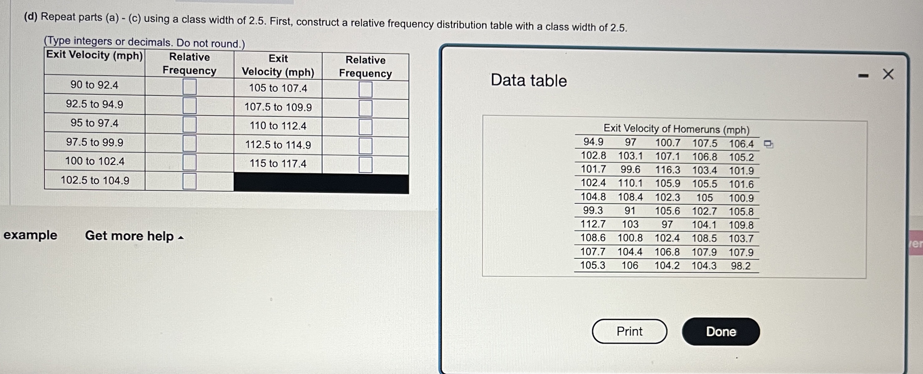 (d) Repeat parts (a) - (c) using a class width of 2.5.