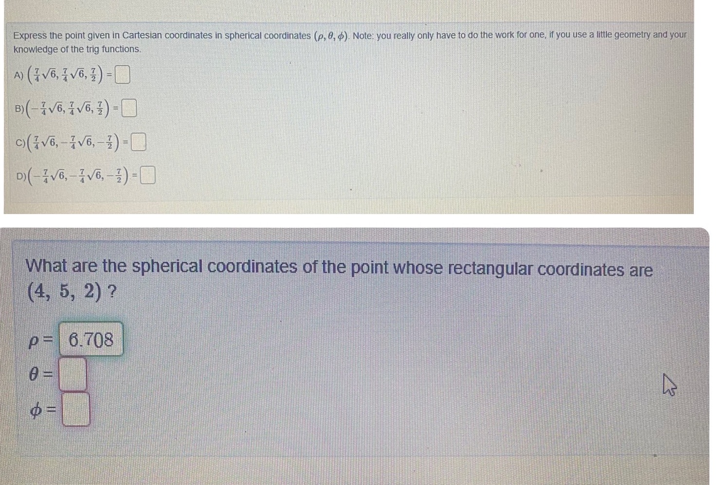 Express the point given in Cartesian coordinates in spherical coordinates (p, 0,