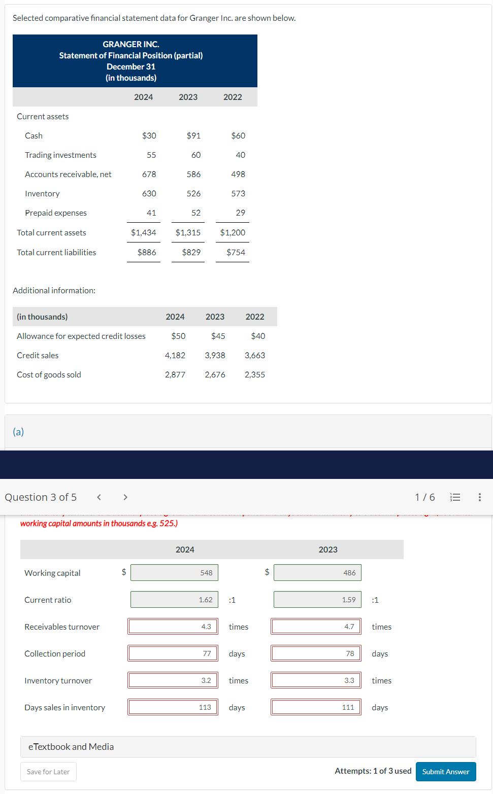 Selected comparative financial statement data for Granger Inc. are shown below. GRANGER