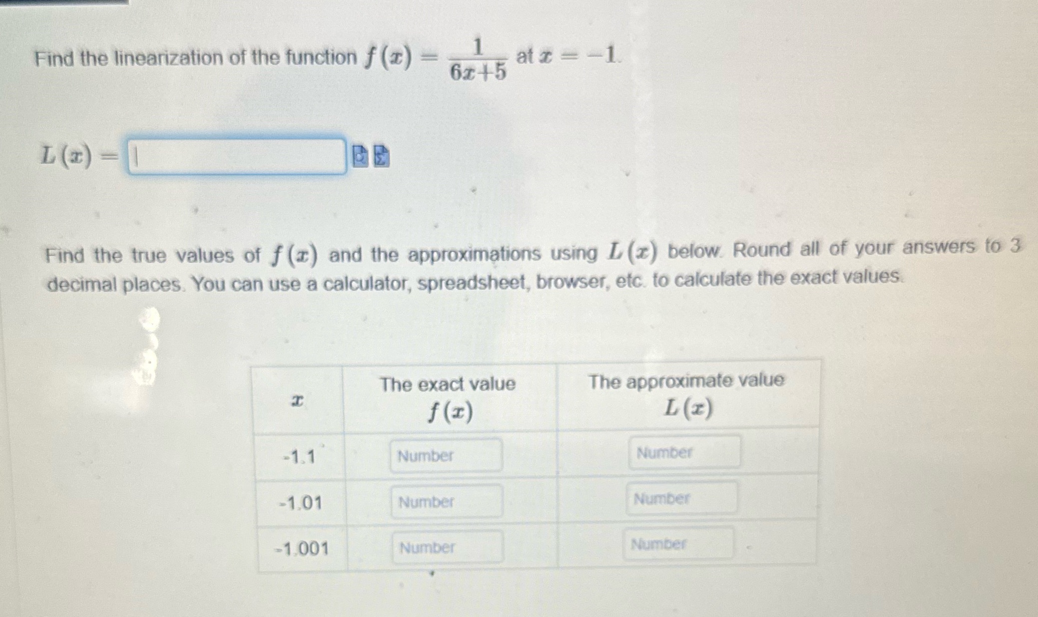 Find the linearization of the function f(x) = 1 6x+5 at z=-1