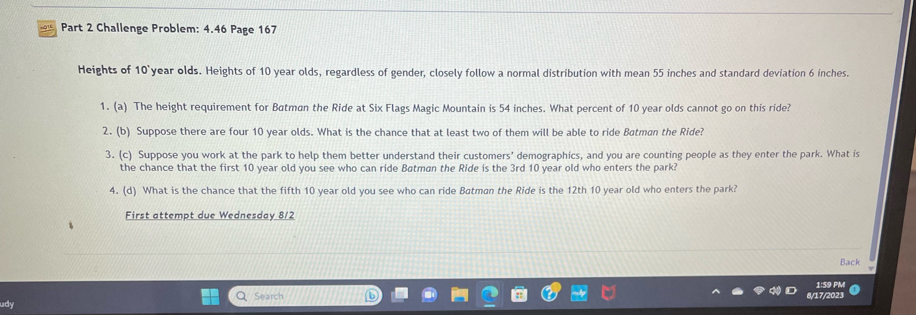 udy TE Part 2 Challenge Problem: 4.46 Page 167 Heights of 10'year