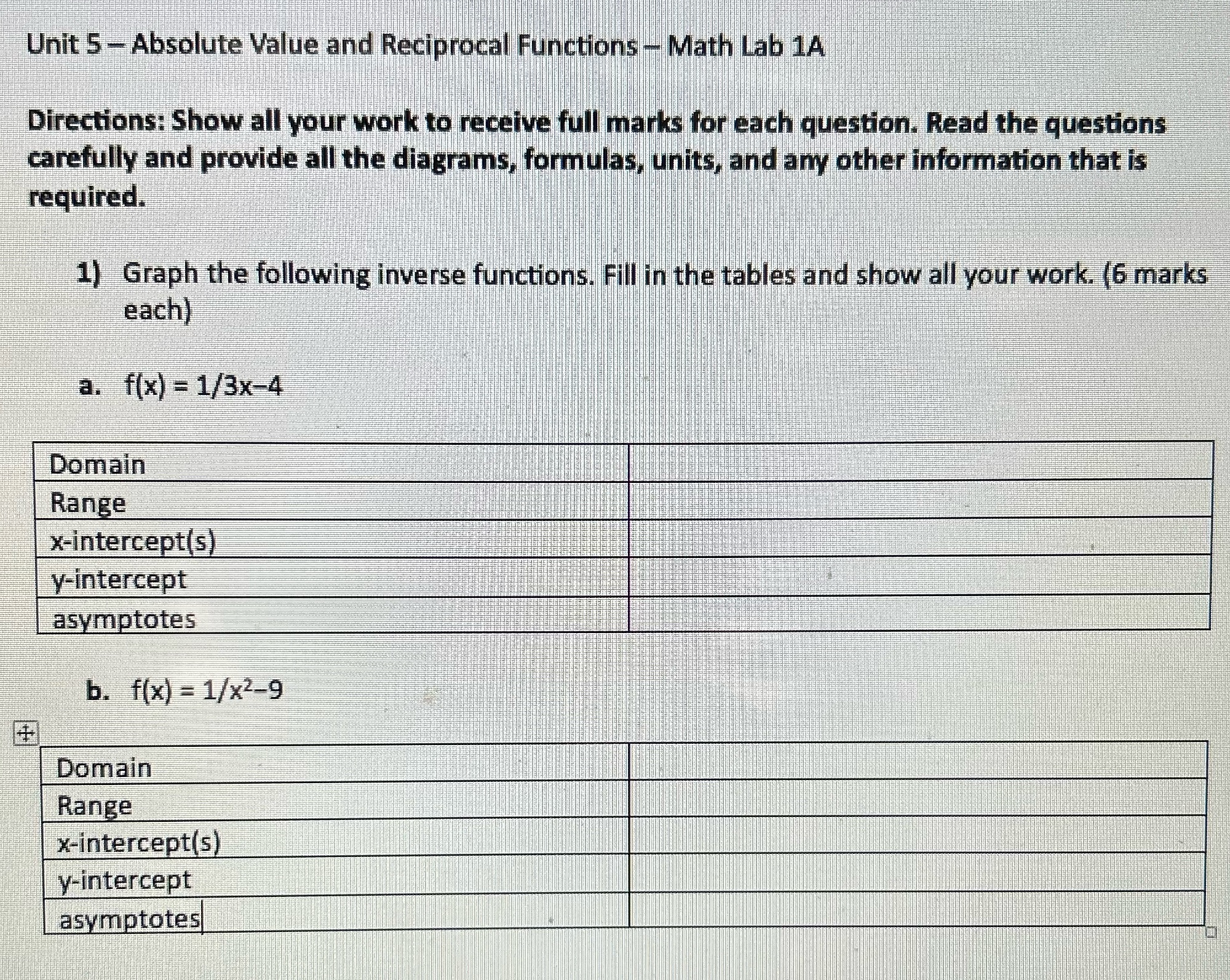 Unit 5-Absolute Value and Reciprocal Functions - Math Lab 1A Directions: Show