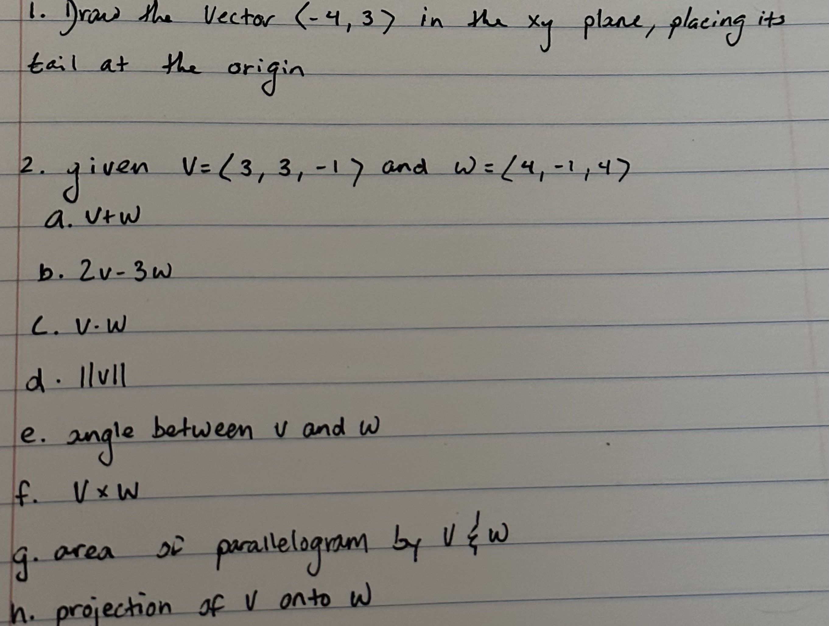 1. Draw the Vector (-4,3) in the tail at the the origin