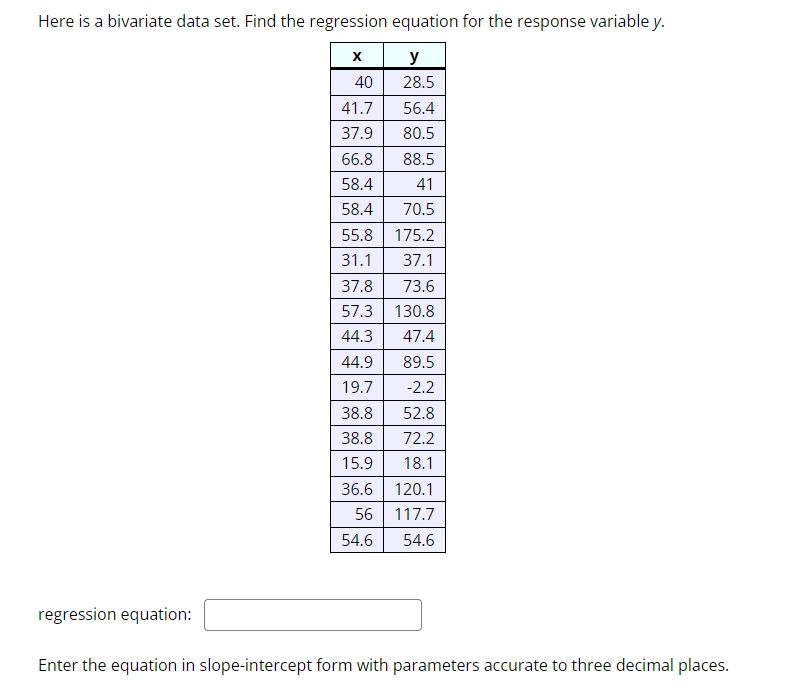 Here is a bivariate data set. Find the regression equation for the