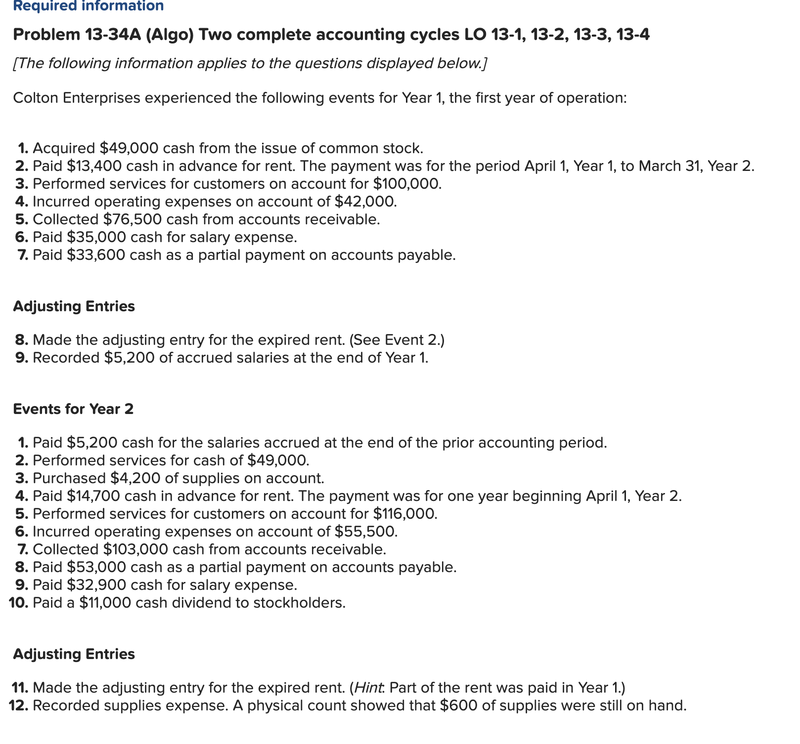 Required information Problem 13-34A (Algo) Two complete accounting cycles LO 13-1, 13-2,