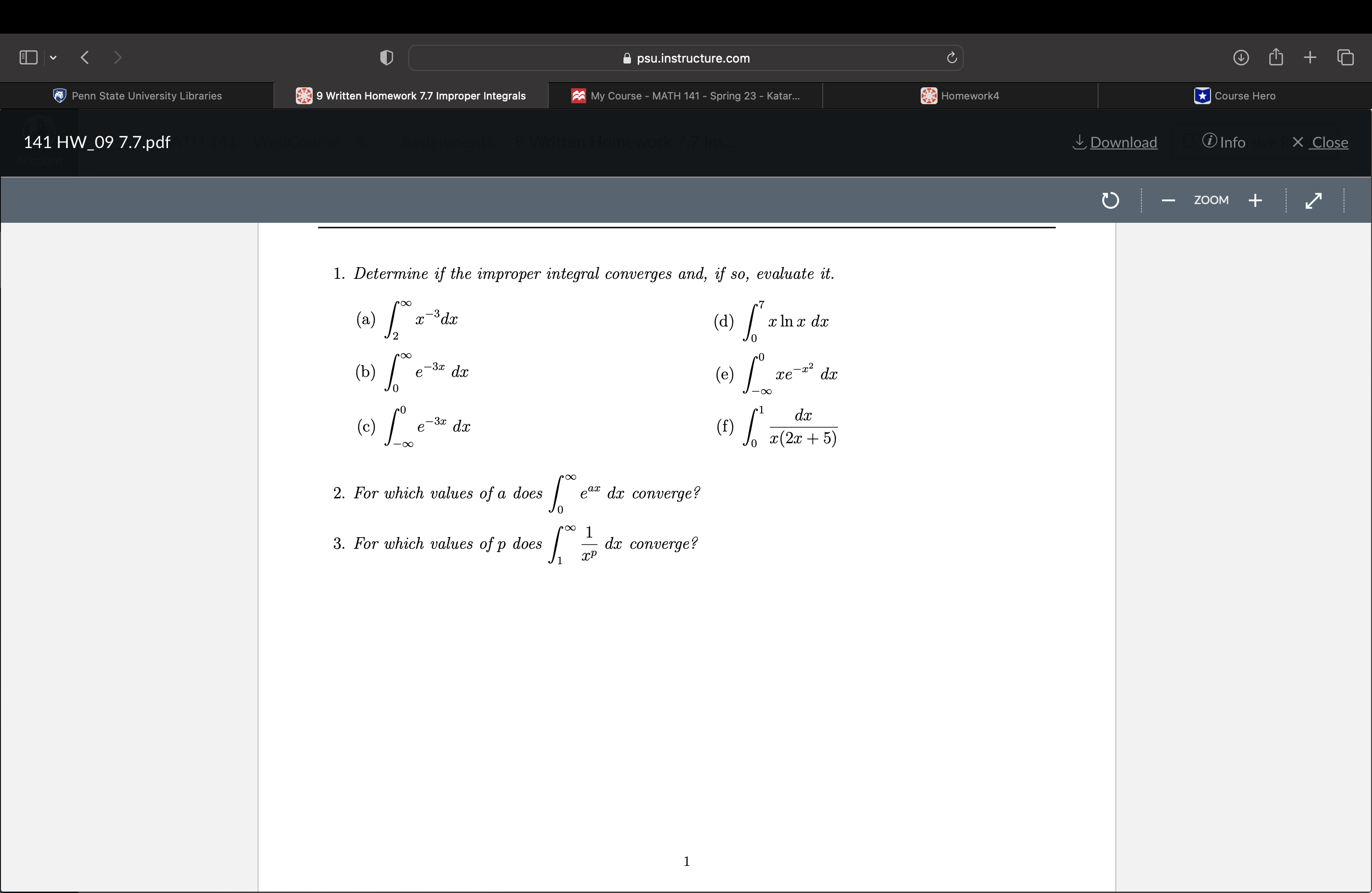 Penn State University Libraries 9 Written Homework 7.7 Improper Integrals 141 HW_09