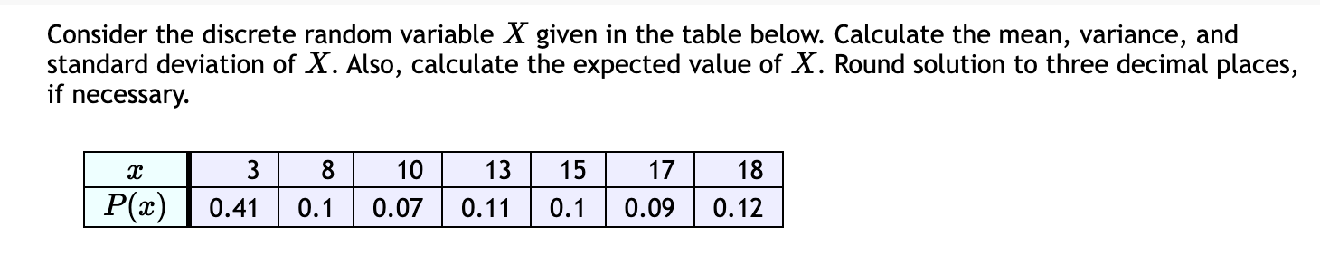 Consider the discrete random variable given in the table below. Calculate the