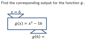 Find the corresponding output for the function g. x = 6 g(x)