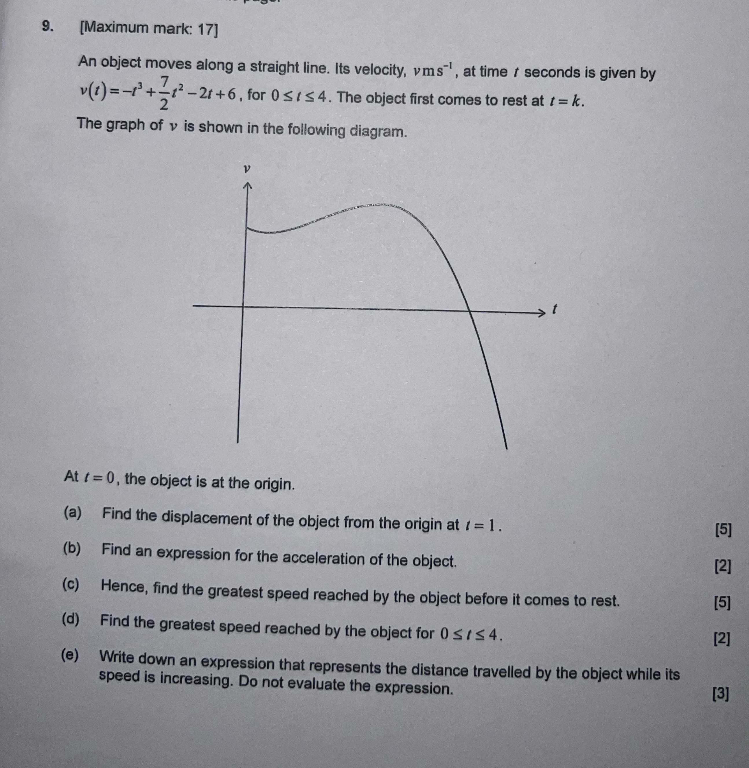 9. [Maximum mark: 17] An object moves along a straight line. Its
