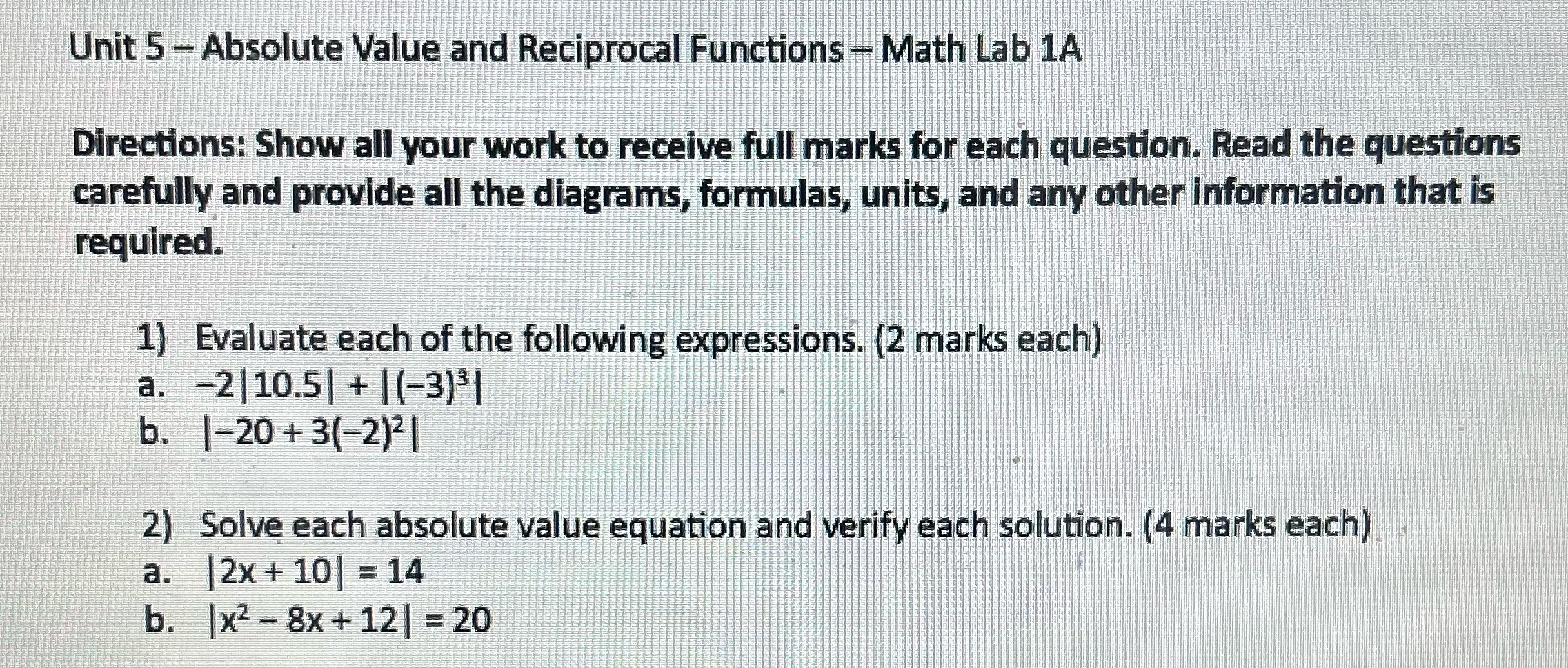 Unit 5 - Absolute Value and Reciprocal Functions - Math Lab 1A