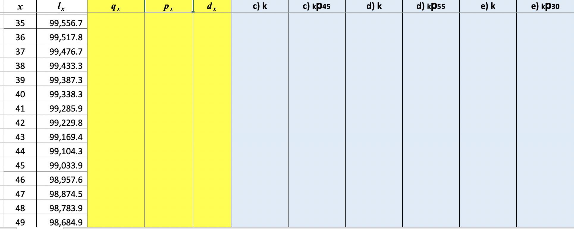 blue/yellow cells if needed. a) Complete the missing yellow columns in the