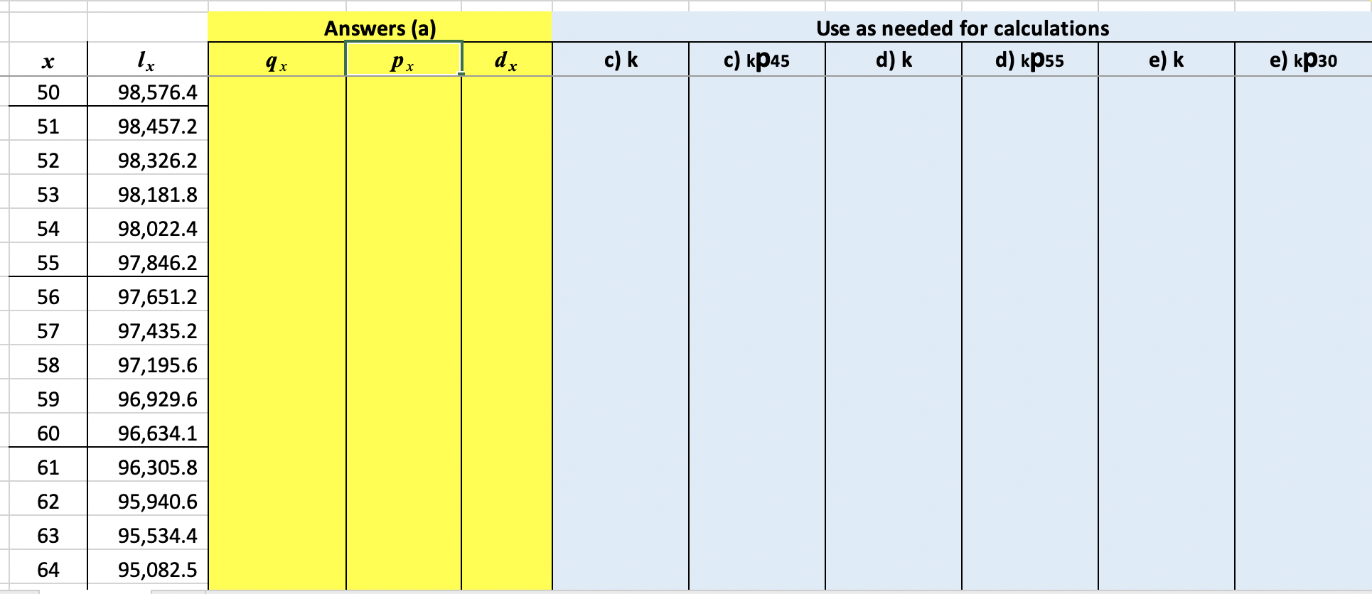 life table provided. b) Calculate the probability that an individual aged 45