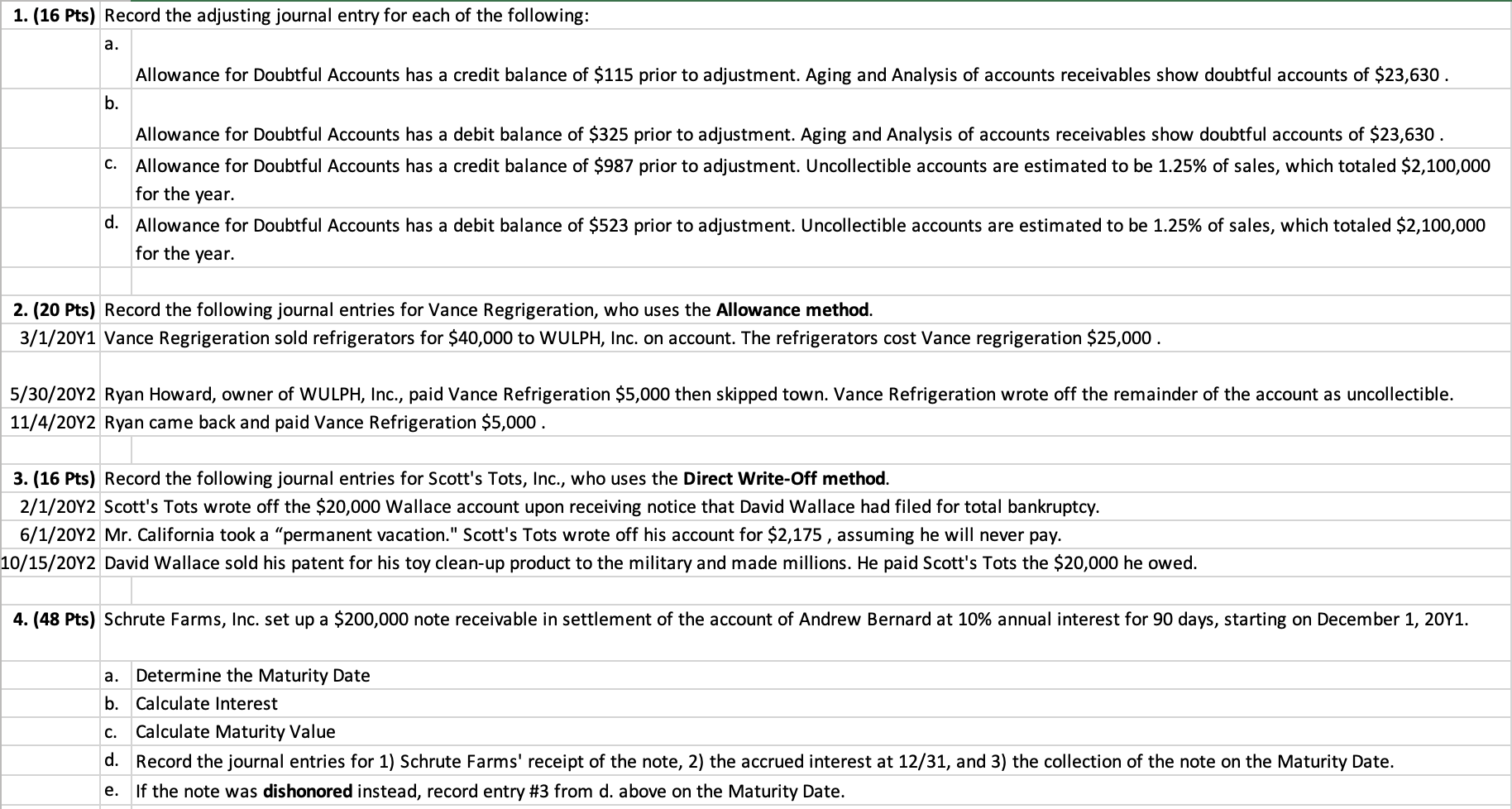 1. (16 Pts) Record the adjusting journal entry for each of the