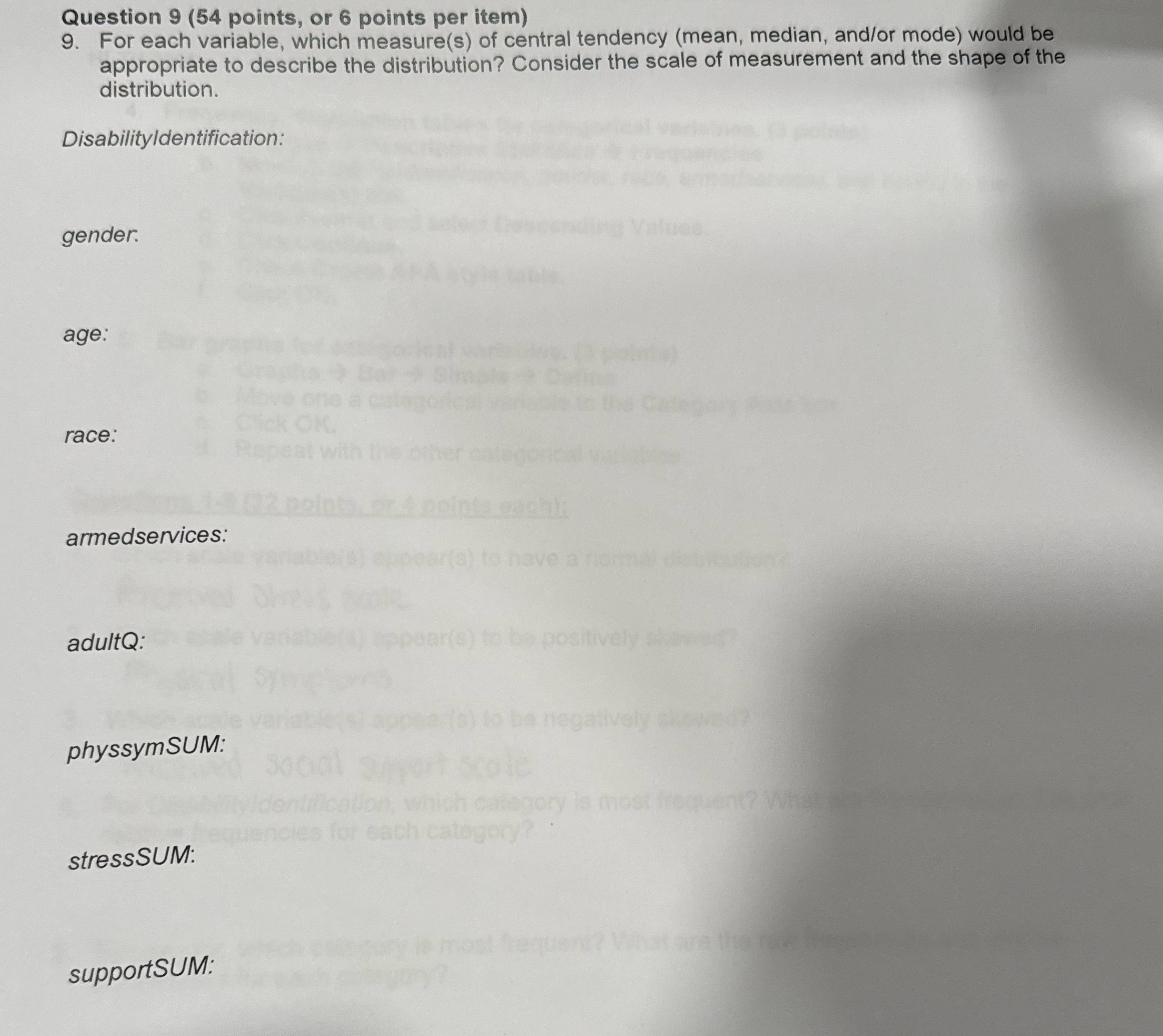 Question 9 (54 points, or 6 points per item) 9. For each