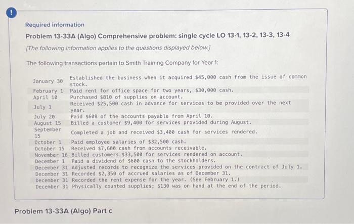 Required information Problem 13-33A (Algo) Comprehensive problem: single cycle LO 13-1, 13-2,