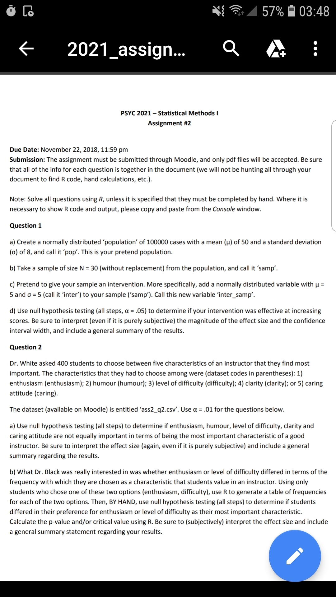 2021_assign... PSYC 2021 - Statistical Methods I Assignment #2 57% 03:48 Due
