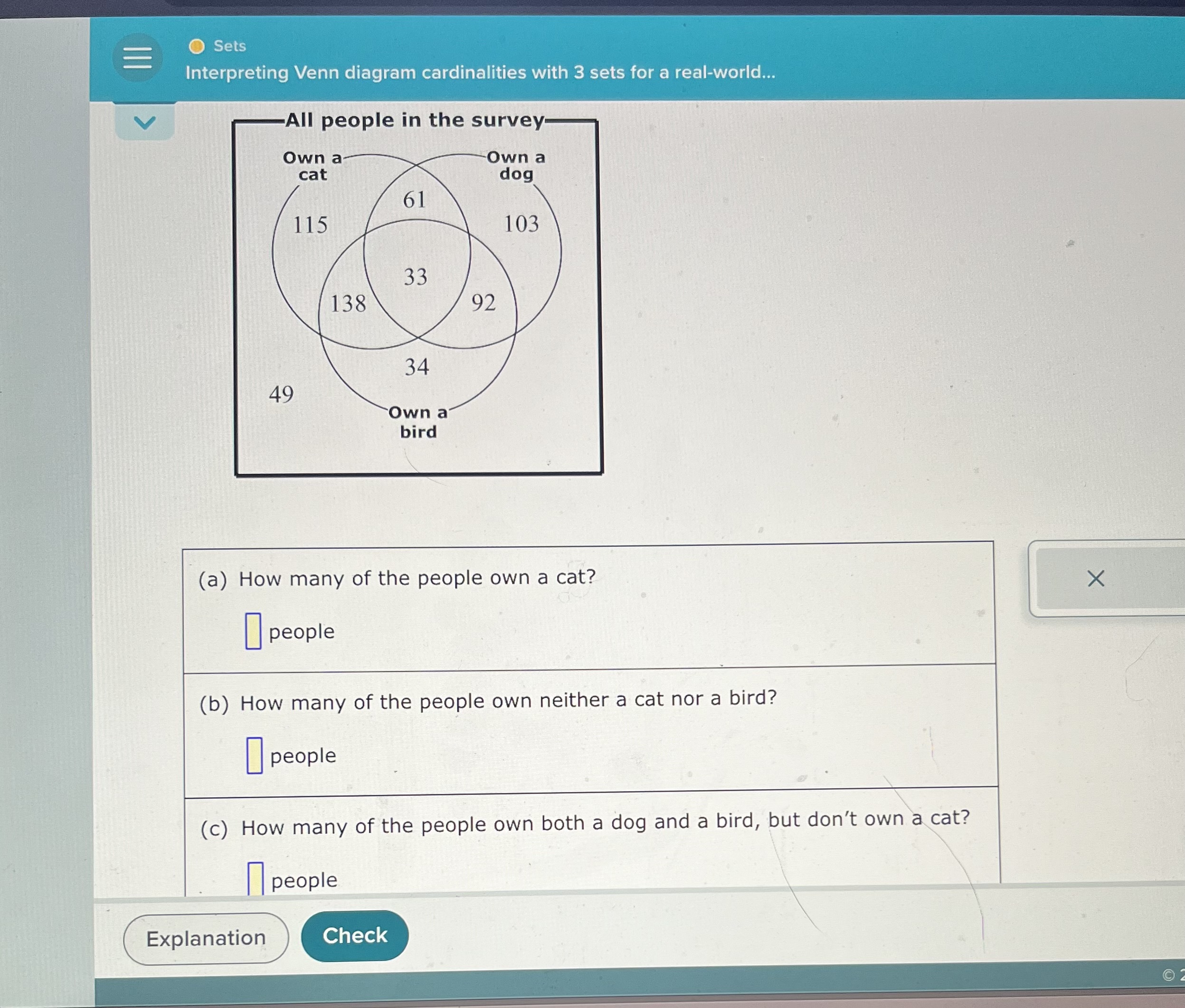 Sets Interpreting Venn diagram cardinalities with 3 sets for a real-world... -All