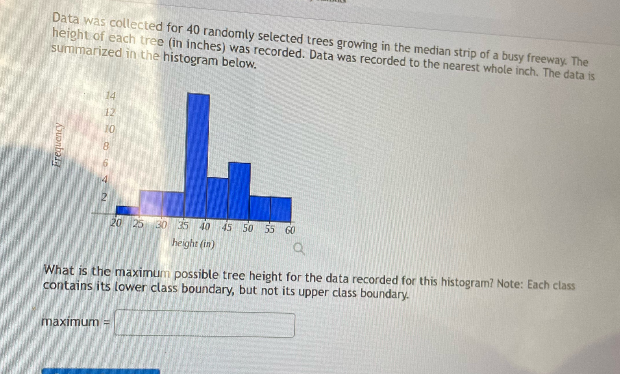 Data was collected for 40 randomly selected trees growing in the median