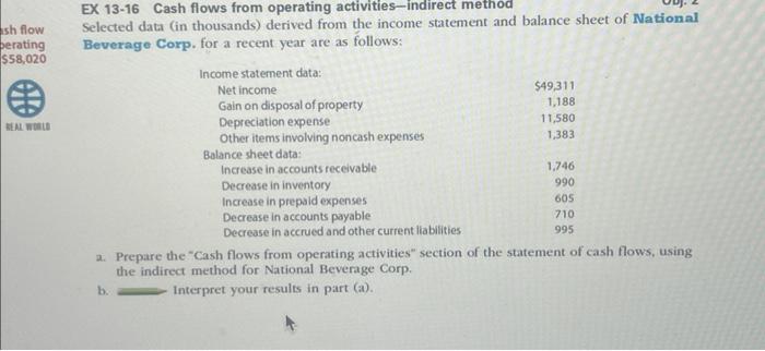 sh flow perating $58,020 EX 13-16 Cash flows from operating activities-indirect method