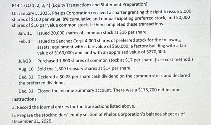 P14.1 (LO 1, 2, 3, 4) (Equity Transactions and Statement Preparation) On