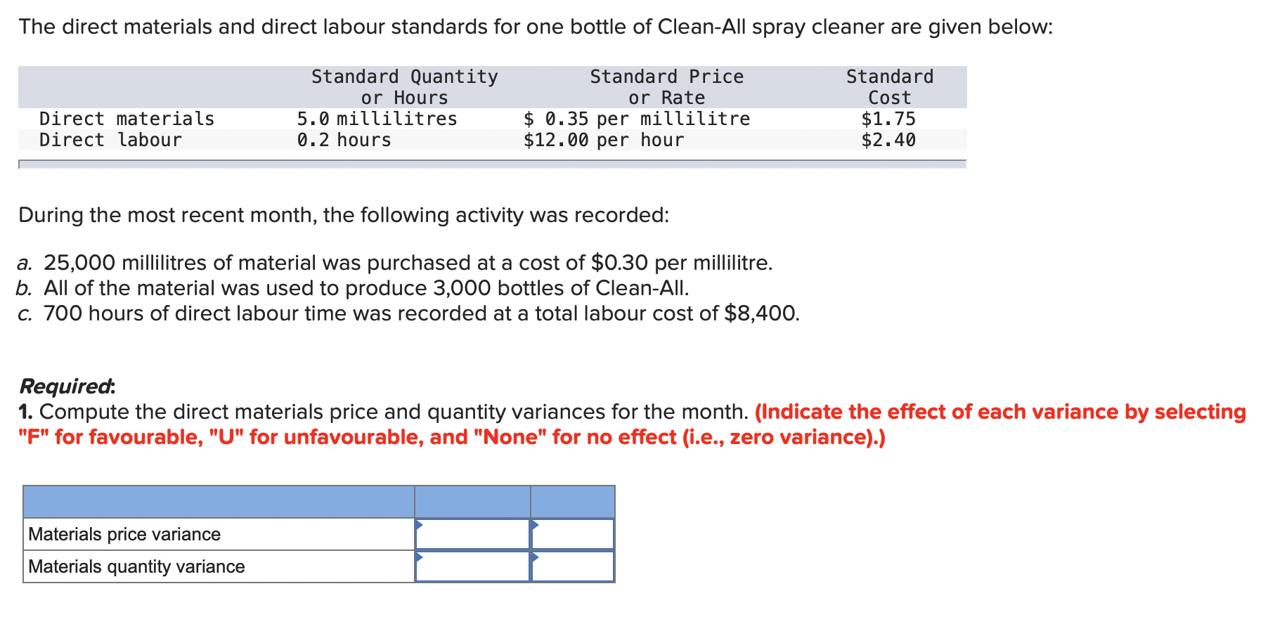 The direct materials and direct labour standards for one bottle of Clean-All