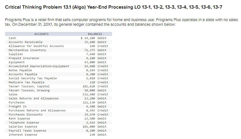 Critical Thinking Problem 13.1 (Algo) Year-End Processing LO 13-1, 13-2, 13-3, 13-4,