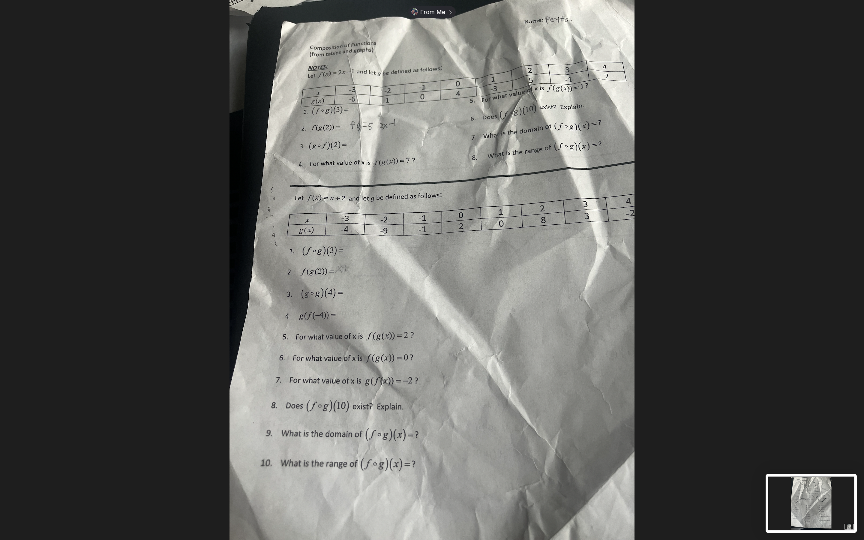 From Me > Name: Peyton Composition of Functions (from tables and graphs)