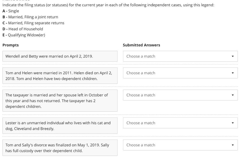 Indicate the filing status (or statuses) for the current year in each