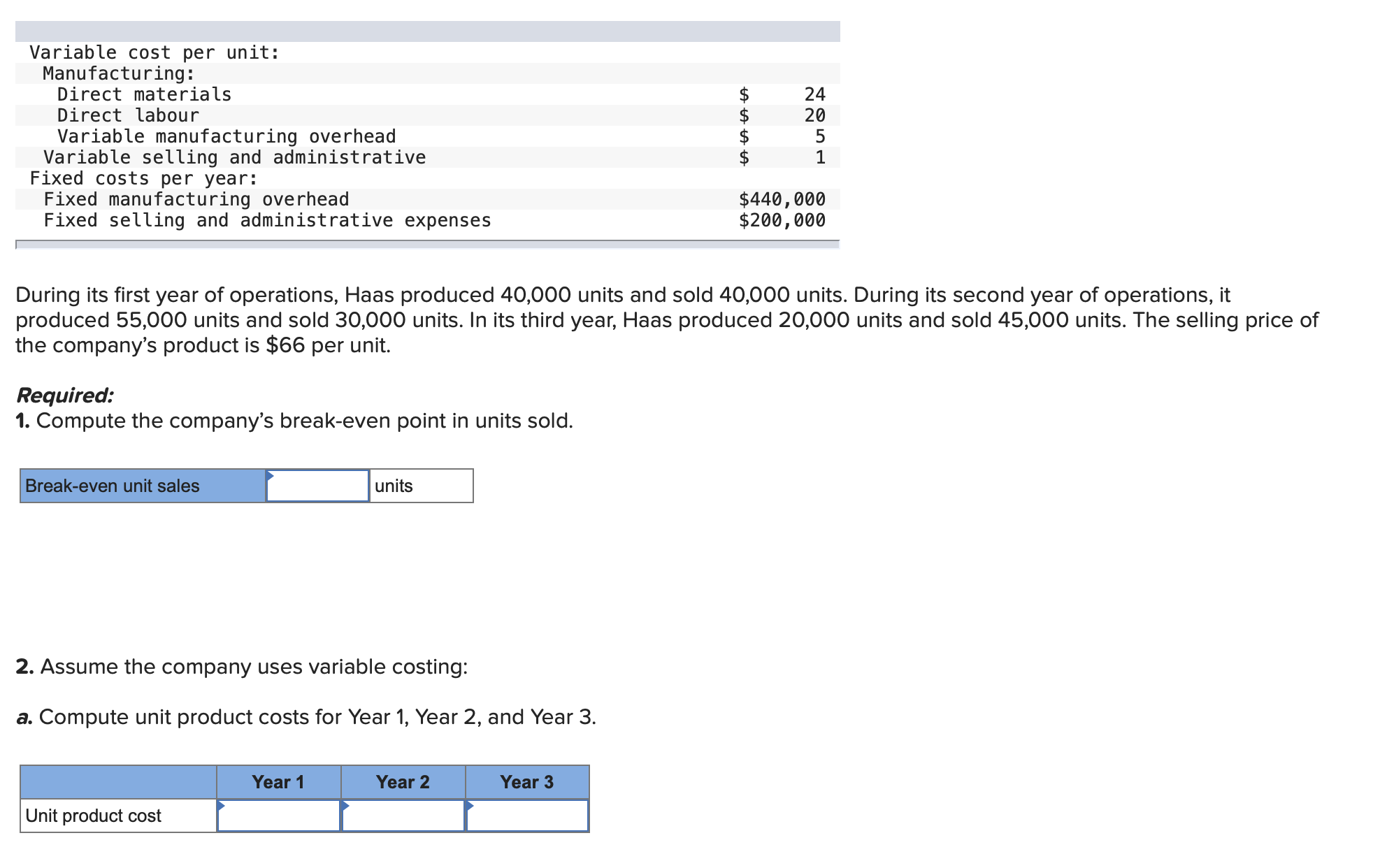 Variable cost per unit: Manufacturing: Direct materials Direct labour Variable manufacturing overhead