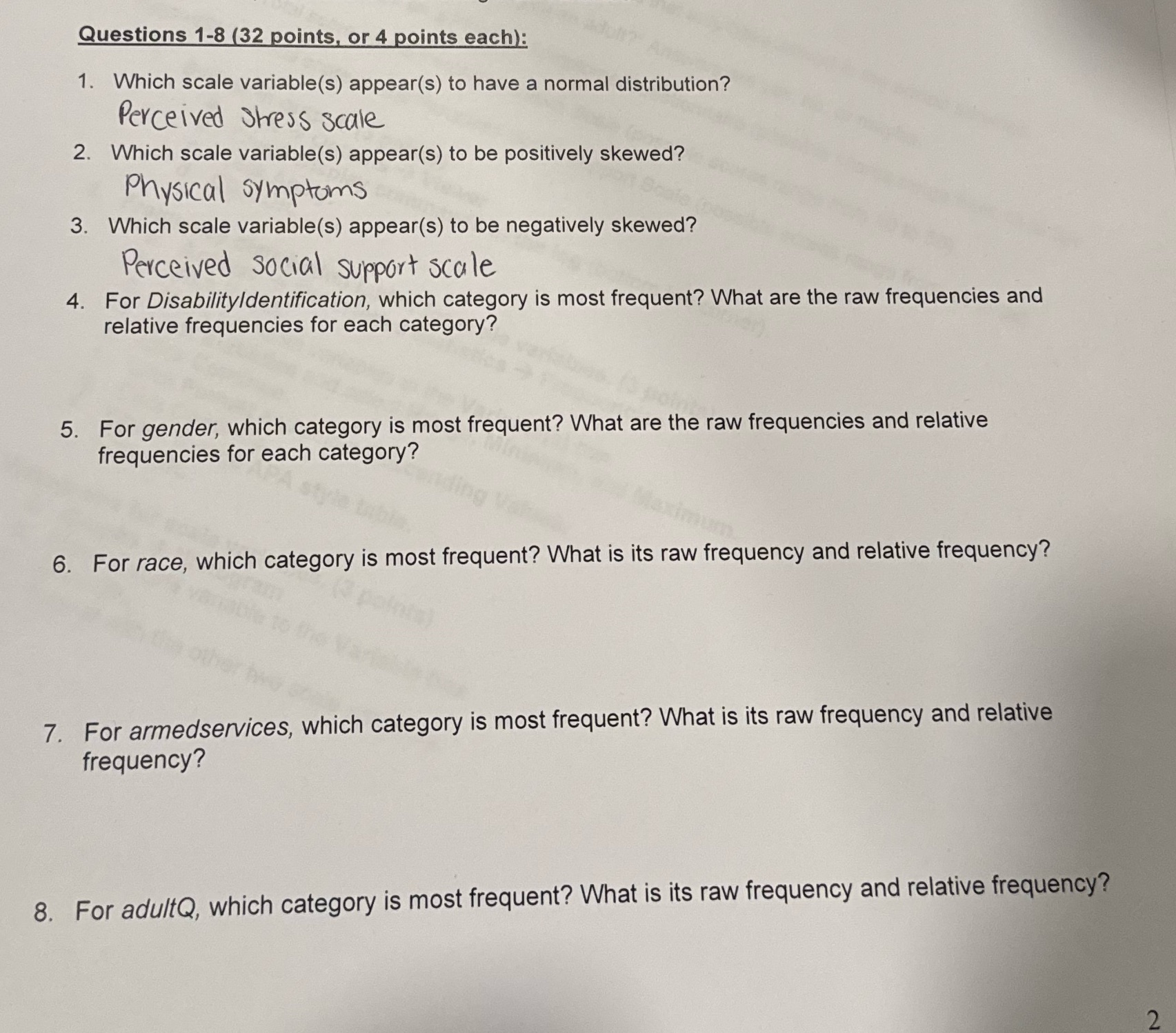 Questions 1-8 (32 points, or 4 points each): 1. Which scale variable(s)
