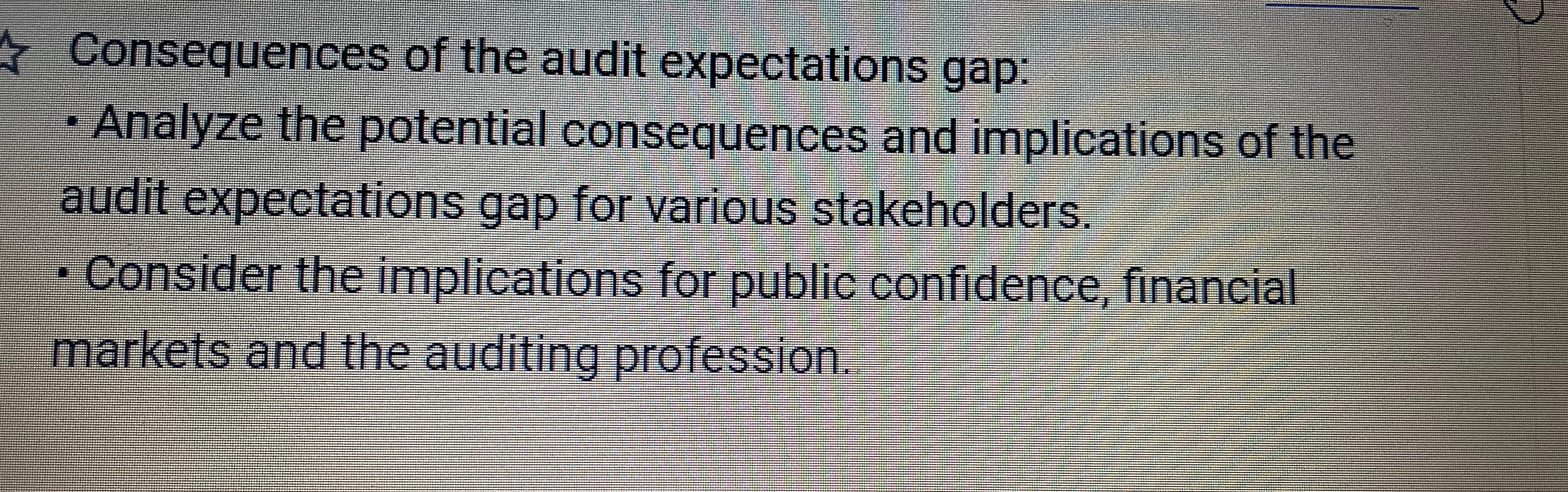 Consequences of the audit expectations gap: Analyze the potential consequences and implications