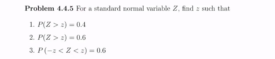 Problem 4.4.5 For a standard normal variable Z, find z such that