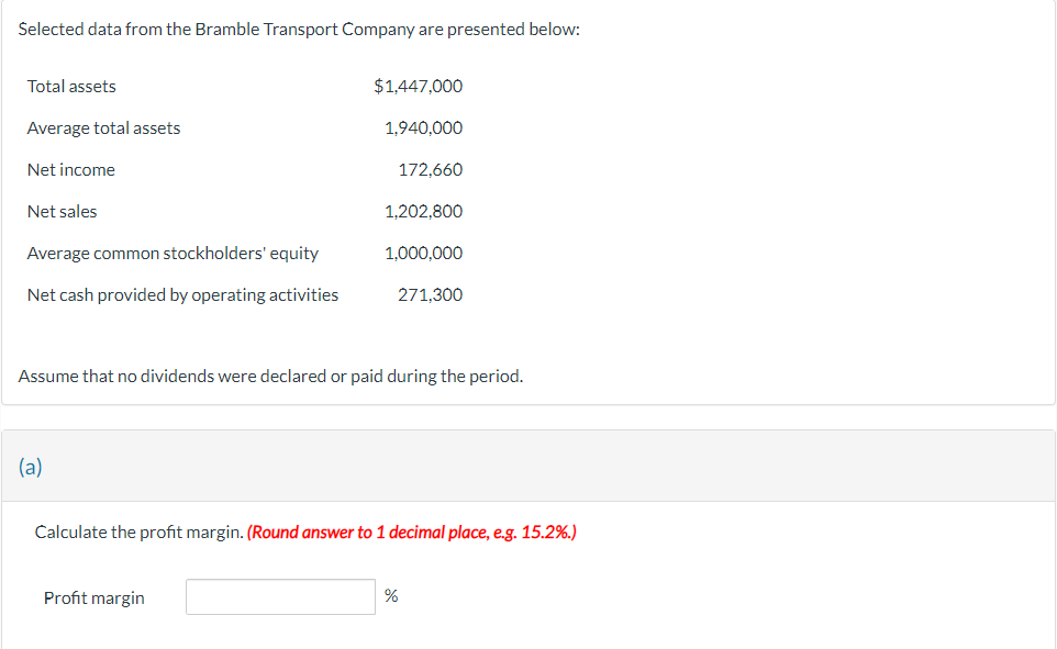 Selected data from the Bramble Transport Company are presented below: Total assets