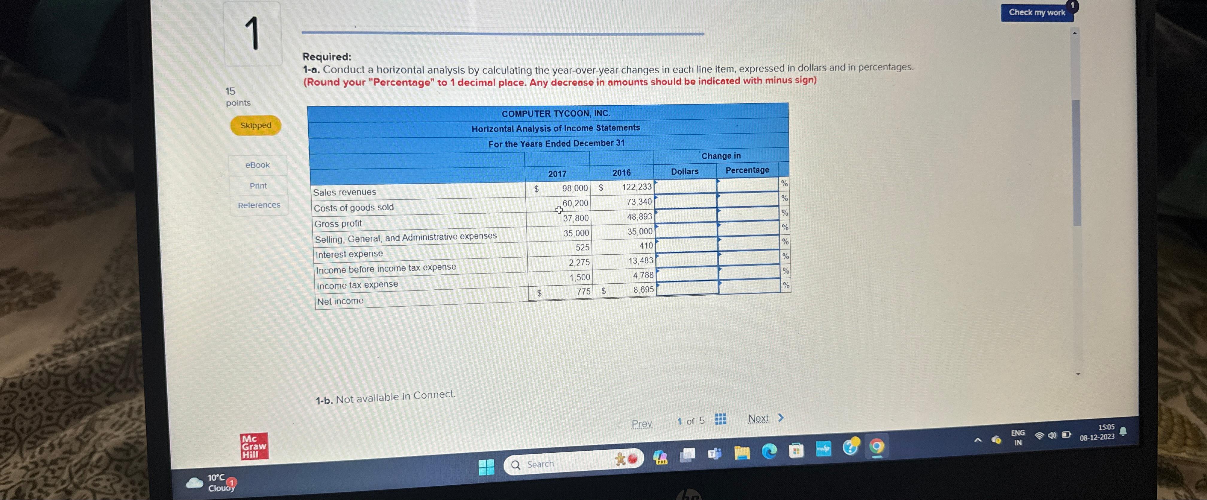 1 Required: 1-a. Conduct a horizontal analysis by calculating the year-over-year changes
