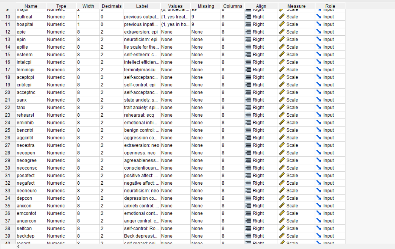 Name majui Width Decimals Label NUNCI U Values Lv, unul... Missing Columns