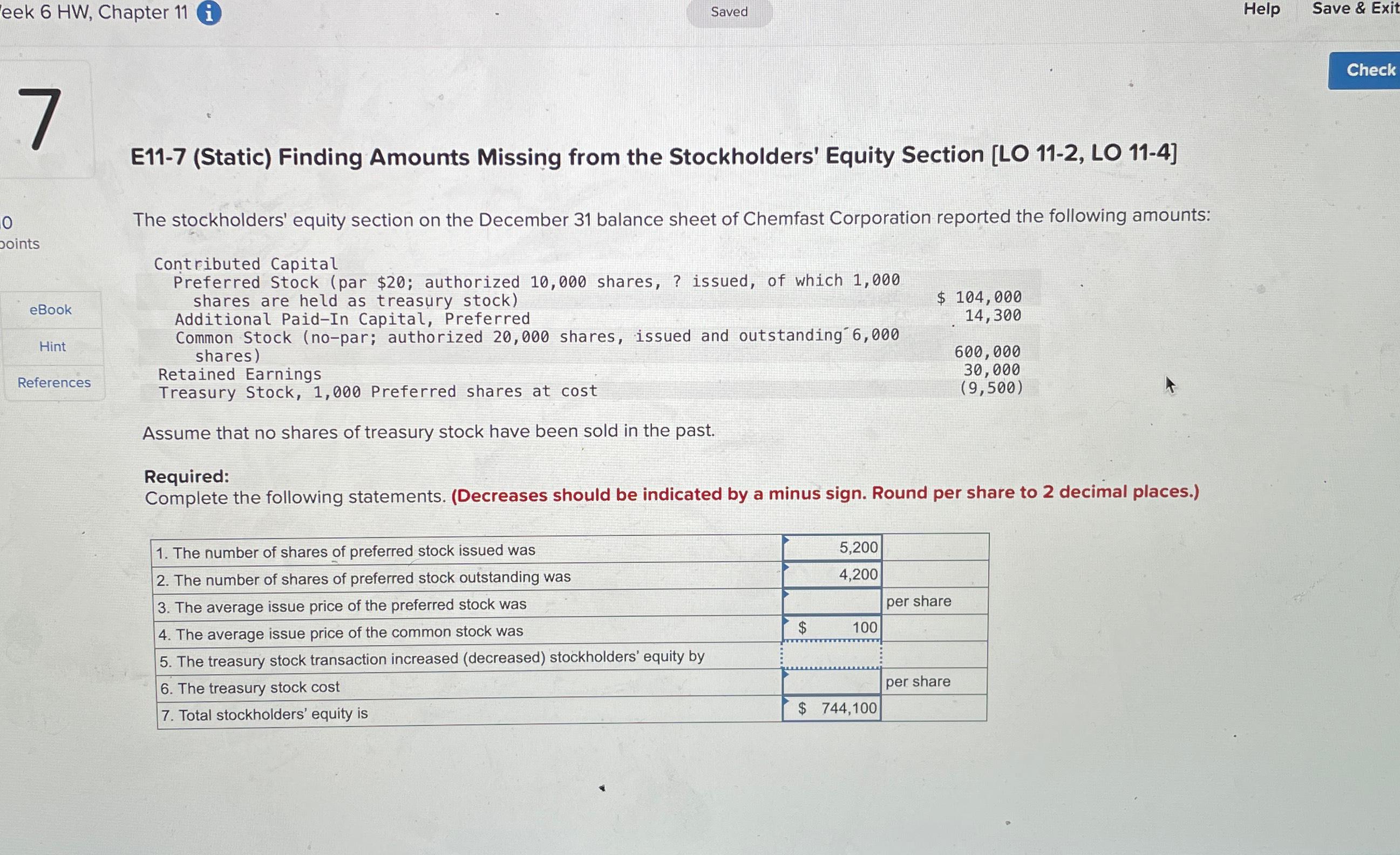 eek 6 HW, Chapter 11 i 0 7 points Saved E11-7 (Static)