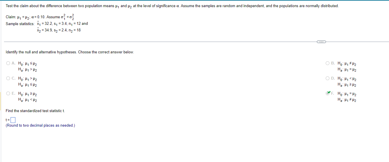 Test the claim about the difference between two population means and at