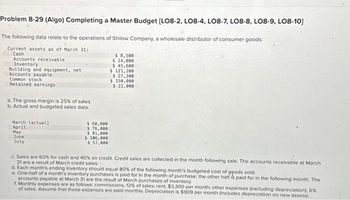 Problem 8-29 (Algo) Completing a Master Budget (LO8-2, LO8-4, LO8-7, LO8-8, LO8-9,