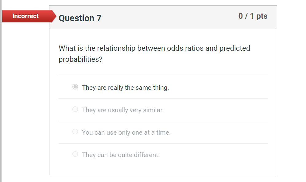 Incorrect Question 7 0/1 pts What is the relationship between odds ratios
