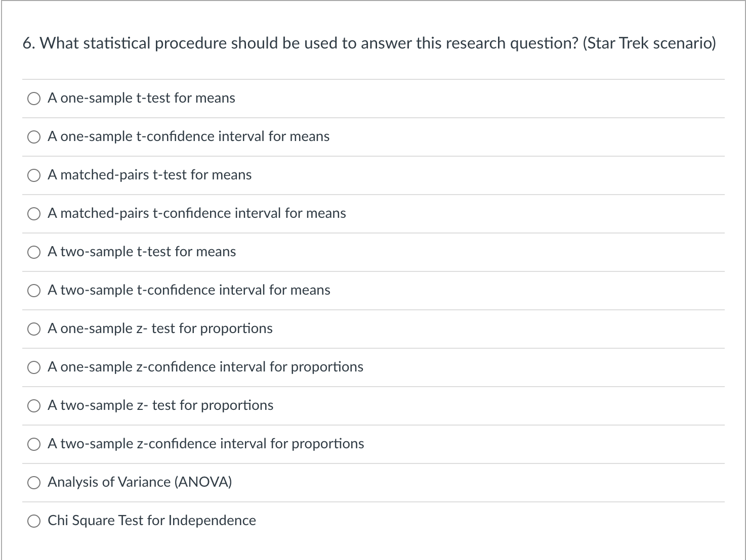 6. What statistical procedure should be used to answer this research question?