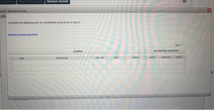 before adjustment on July 31, Journalize the adjusting entry for uncollectible accounts