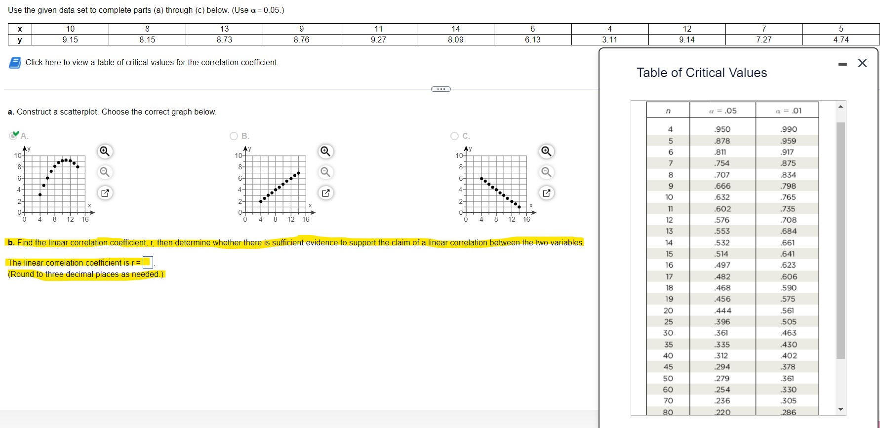 Use the given data set to complete parts (a) through (c) below.